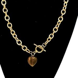 Stone Heart Pendant On Gold Tone Chain 16”
